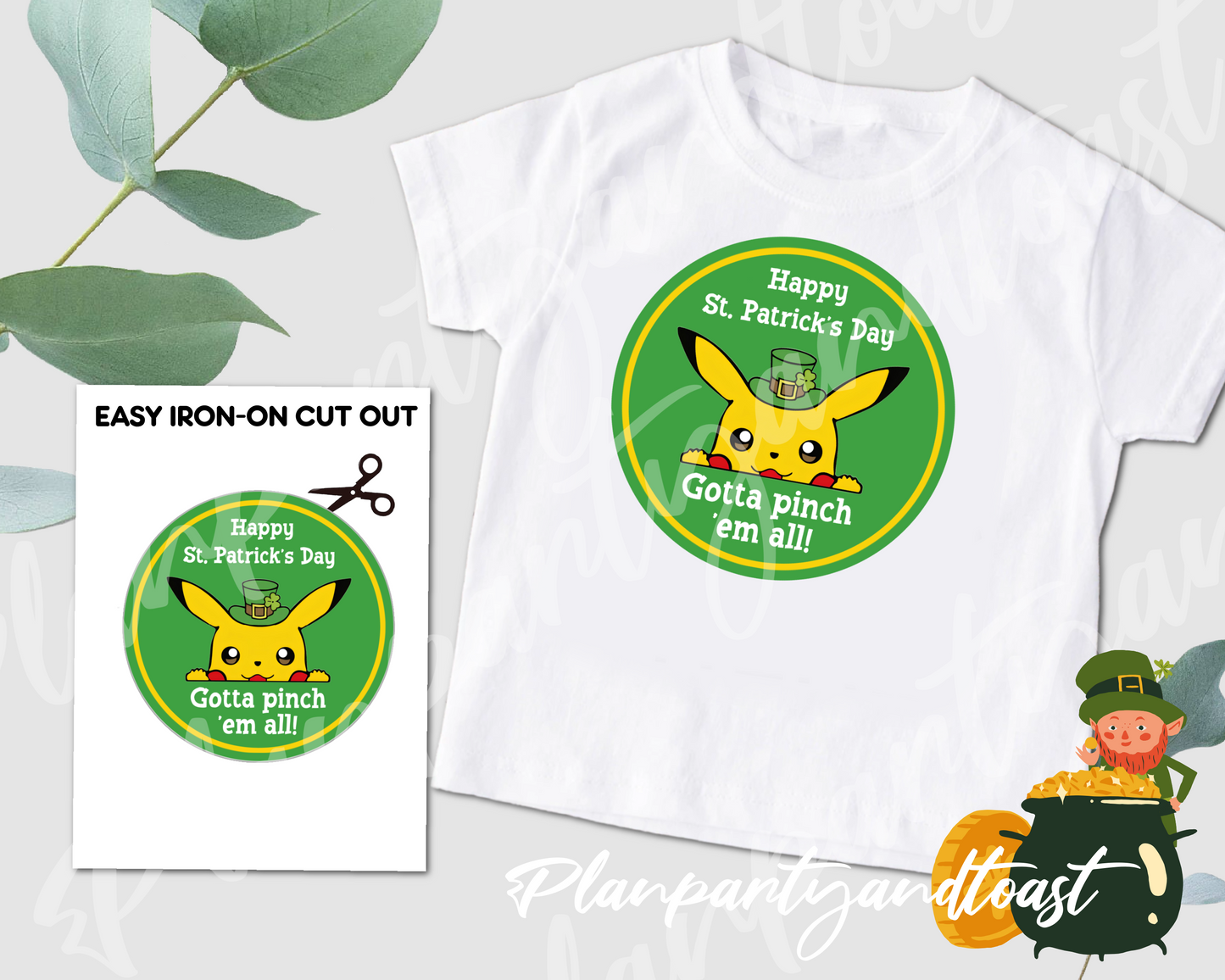 St. Patrick's Day Pokemon Pikachu Gotta Pinch 'Em All Digital Iron-On Design