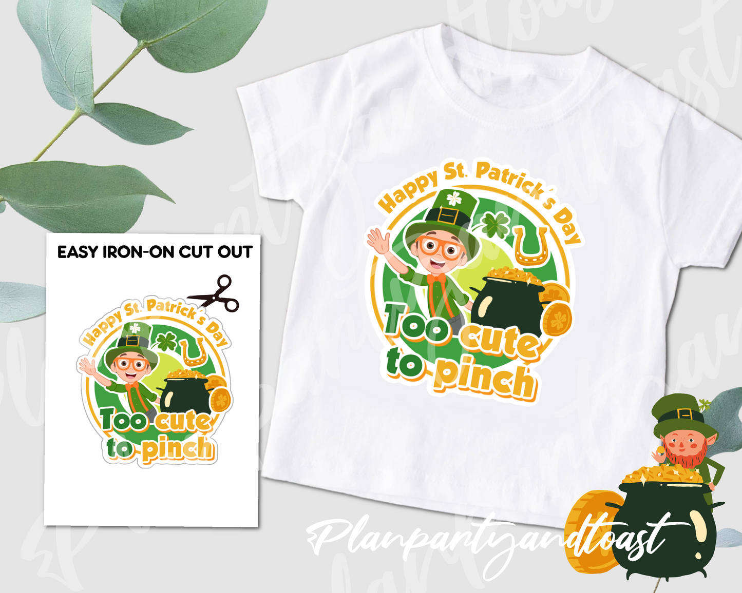 Blippi St. Patrick's Day Too Cute To Pinch Digital Iron-On Design