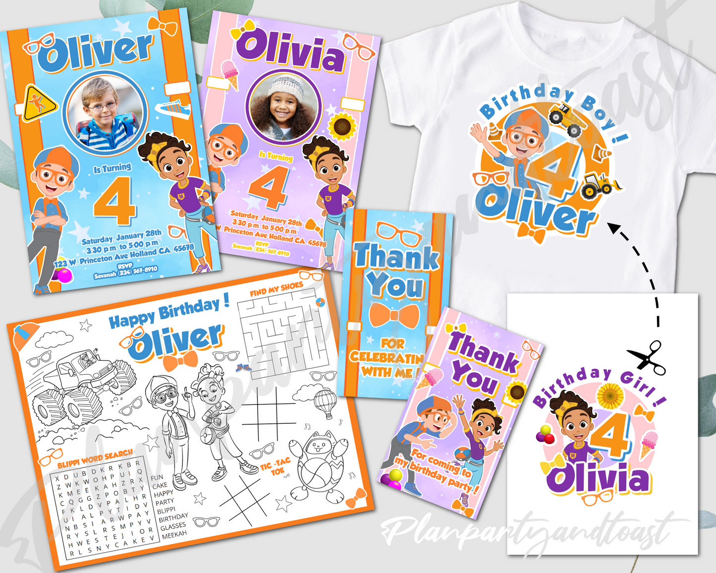 Blippi and Meekah birthday invitation bundle