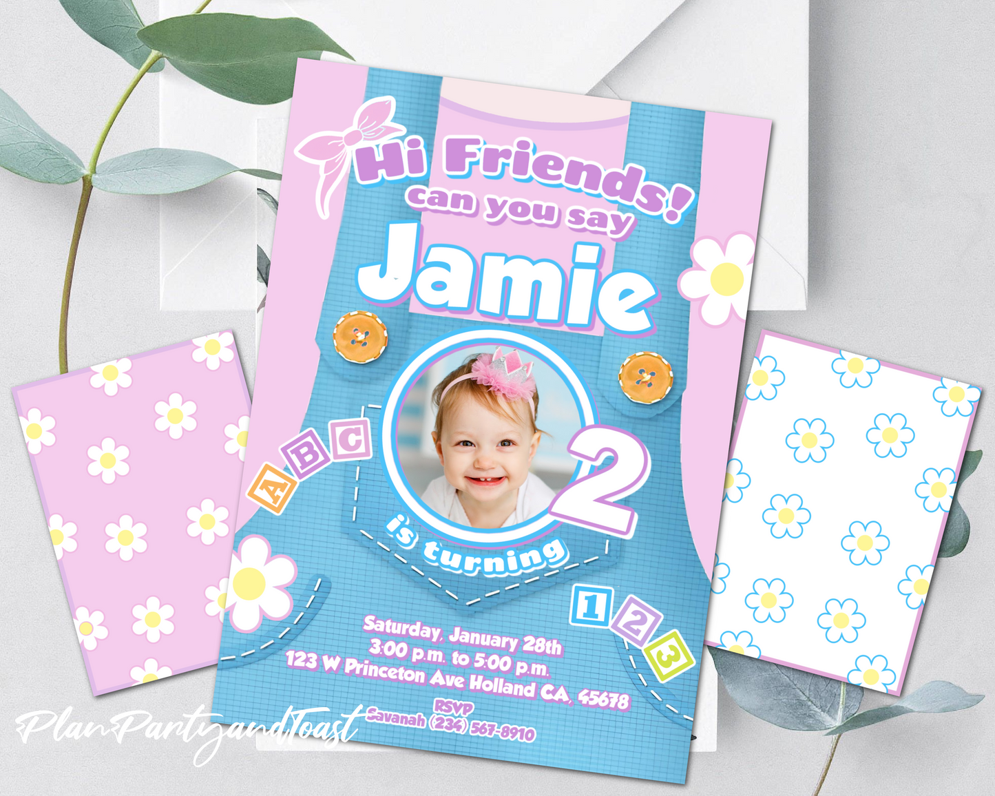 Mis rachel birthday invitation digital printalble A colorful birthday invitation designed for a child's party, featuring a onesie with the name Jamie on it, and additional details for the event.