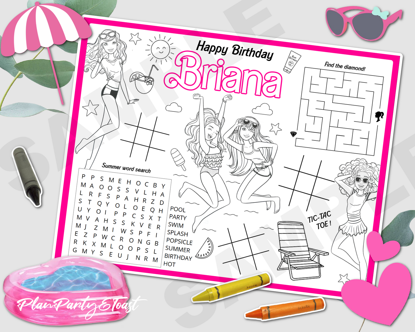 Barbie birthday party placemat pool party!