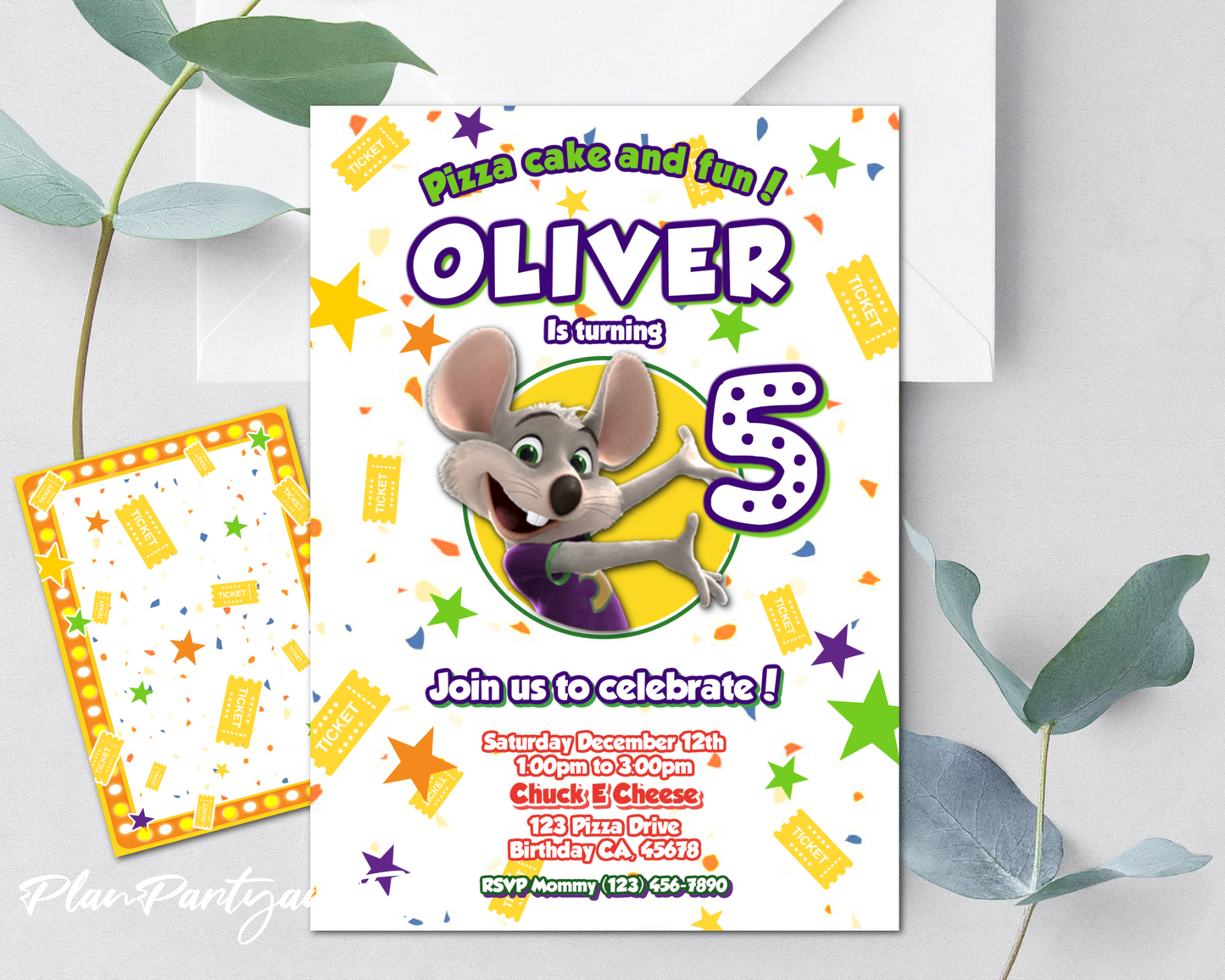 Chuck E Cheese birthday invitation