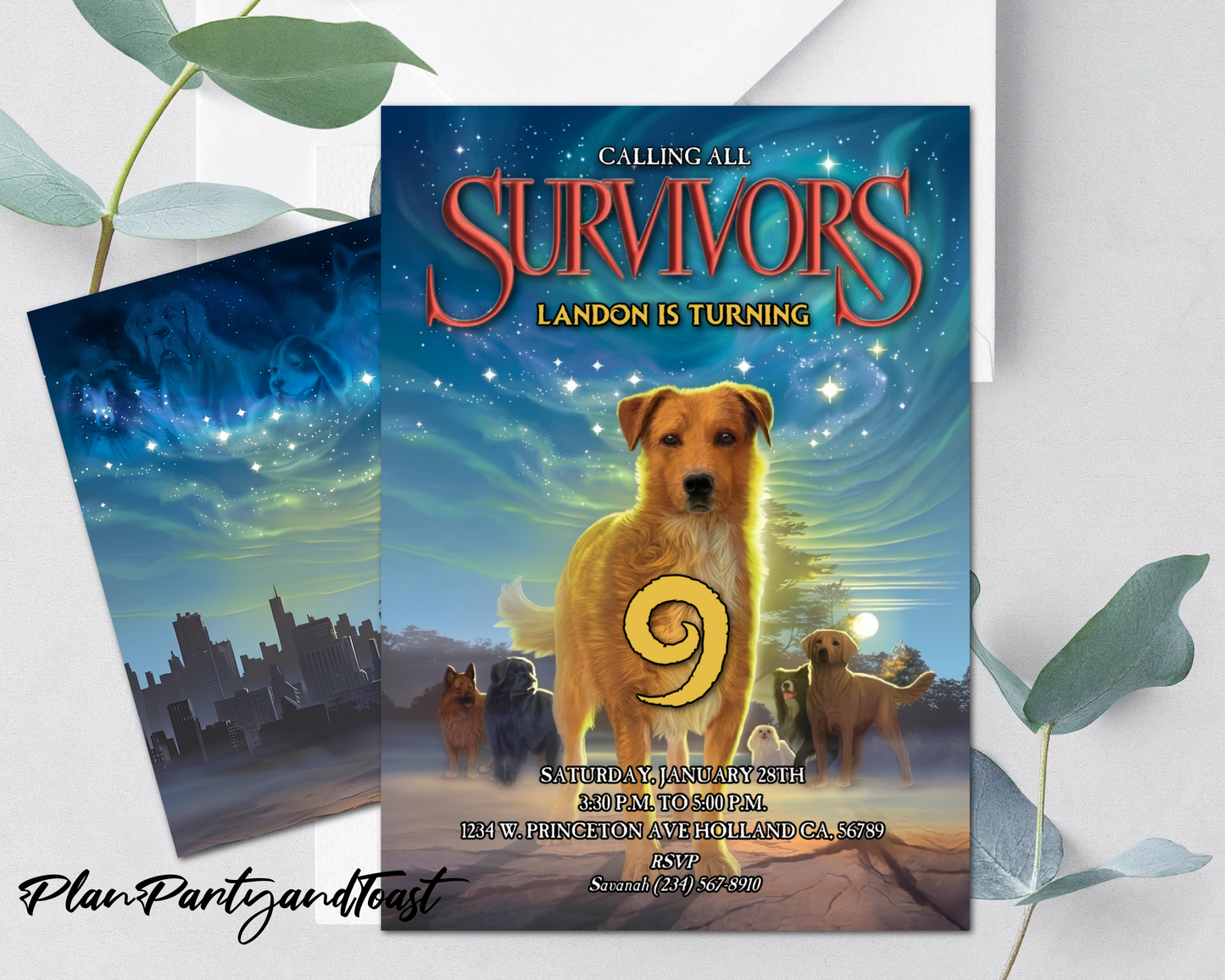 Survivors Dogs birthday invitation, Survivors birthday theme
