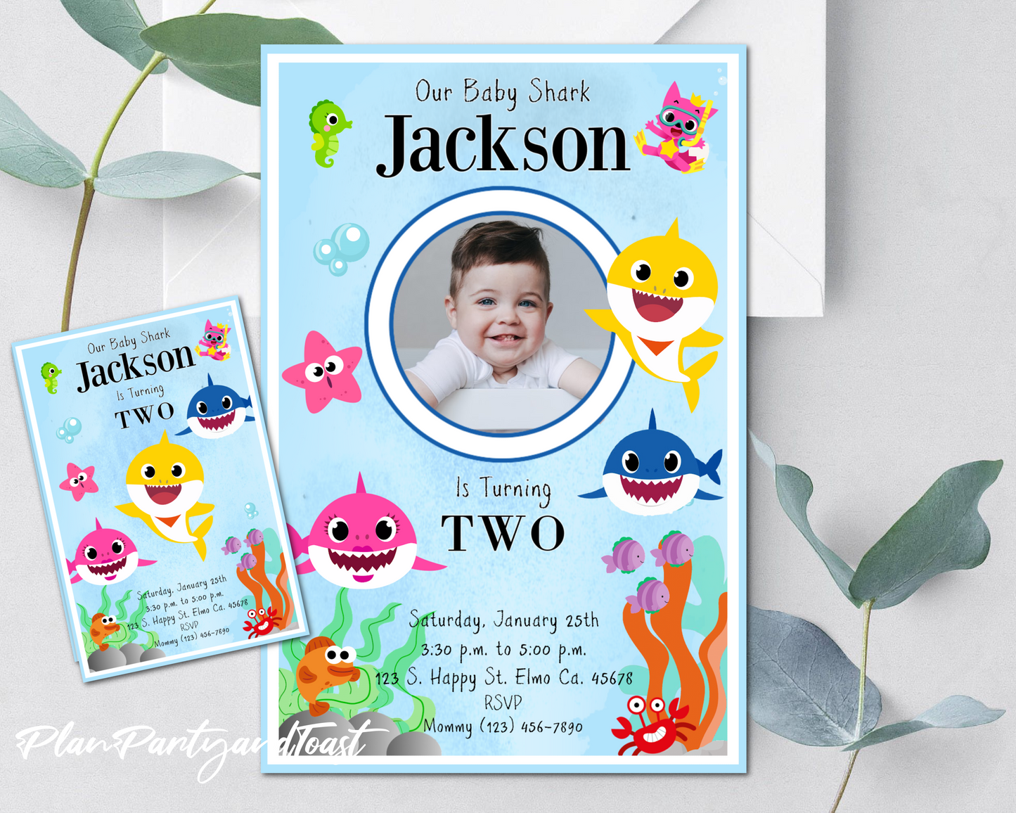 Invitación de cumpleaños de tiburón bebé
