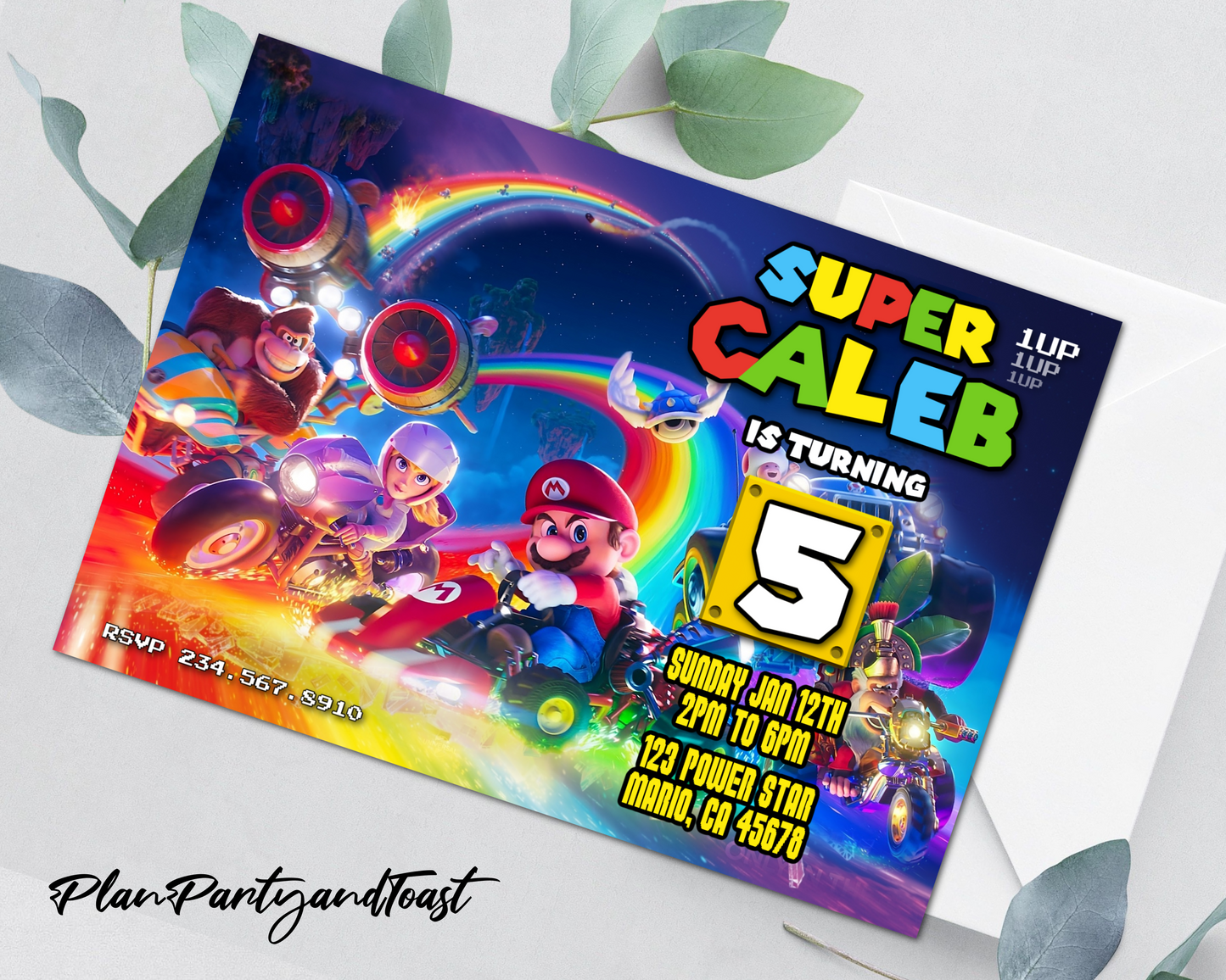 Super Mario Bros birthday invitation Rainbow Road