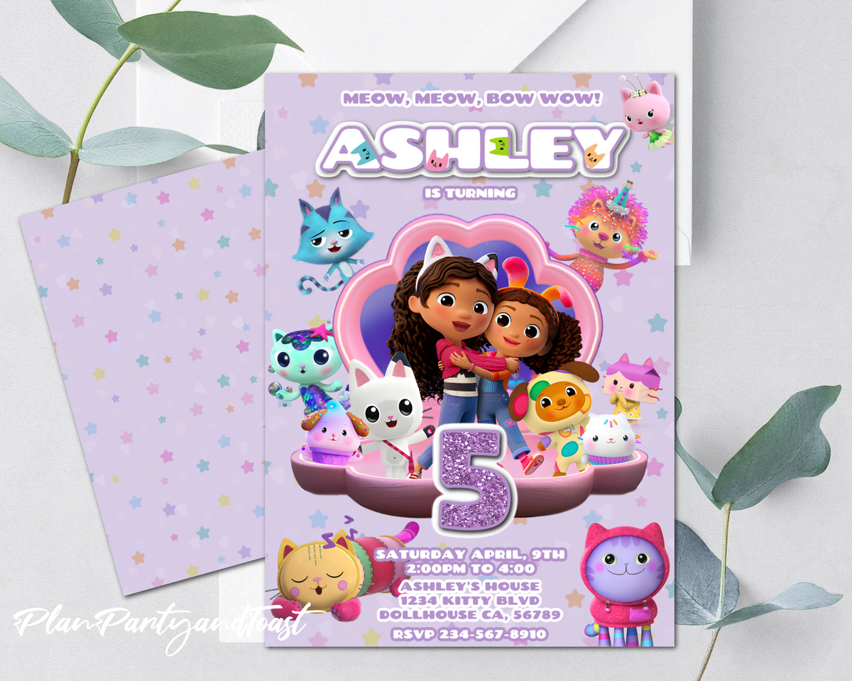 Gabby's Dollhouse birthday invitation Meow meow Bow wow!