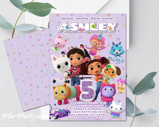 Gabby's Dollhouse birthday invitation Meow meow Bow wow!