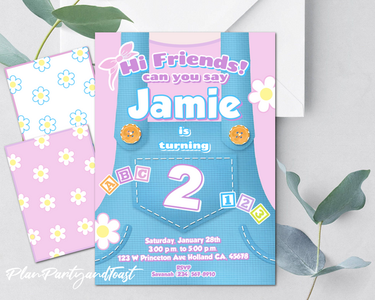 Ms Rachel birthday invitation, digital printable A colorful birthday invitation designed for a child's party, featuring a onesie with the name Jamie on it, and additional details for the event.