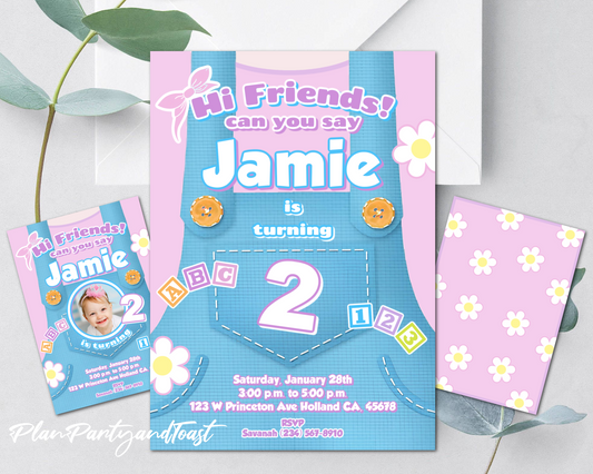 Ms Rechal birthday invitation, digital printable Children's birthday invitation card with colorful design and text on a light gray background.