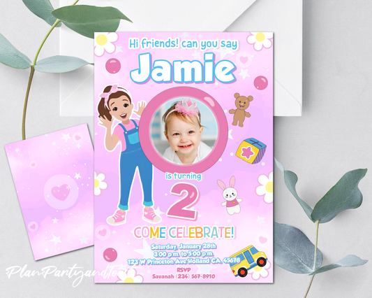 Ms Rachel birthday invitation with a Children's birthday party invitation with a photo of a child, colorful text, and illustrations on a pink background.