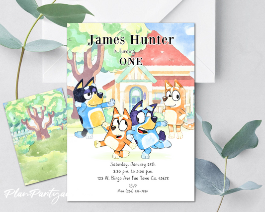 Bluey birthday invitation water color