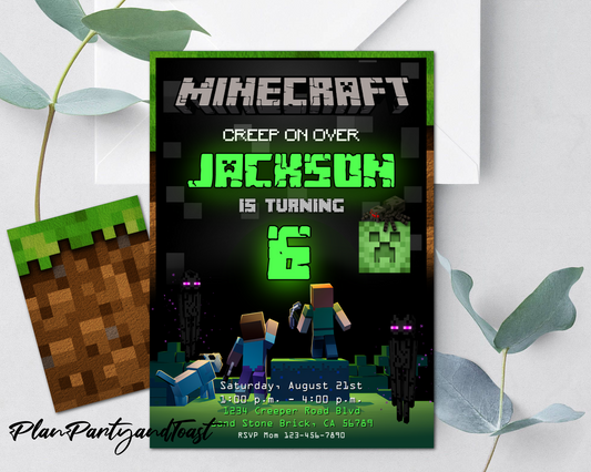 Minecraft birthday invitation glow theme