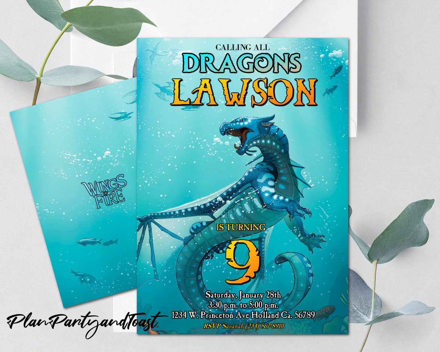 Wings of Fire birthday invitation, Tsunami theme