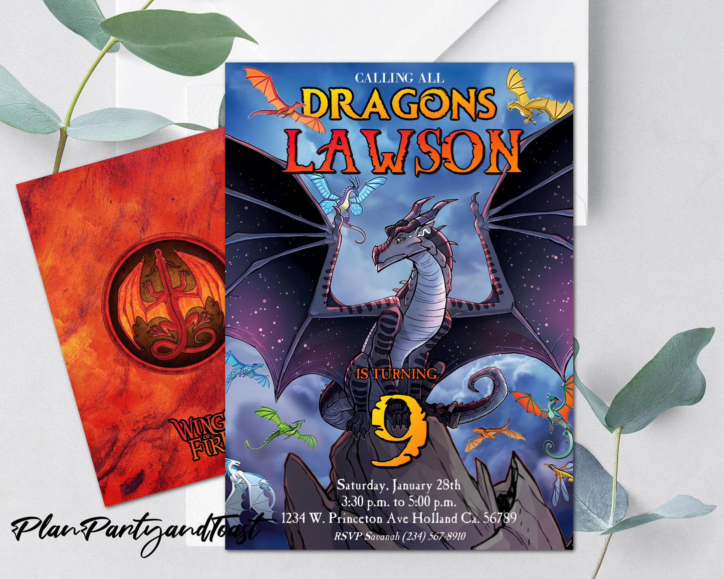 Wings of Fire birthday invitation, Darkstalker birthday theme