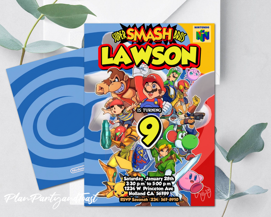 Super Smash Bros birthday invitation N64 theme