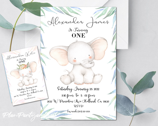 Elephant-themed birthday invitation card with watercolor design on a white background